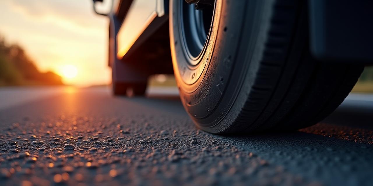 Close-up of a freight truck wheel on the road